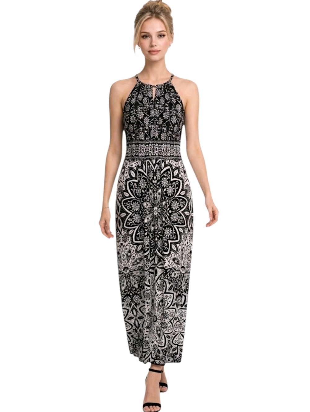London Times Black & White Floral  Inset Waist Keyhole Halter Maxi Dress Size 8